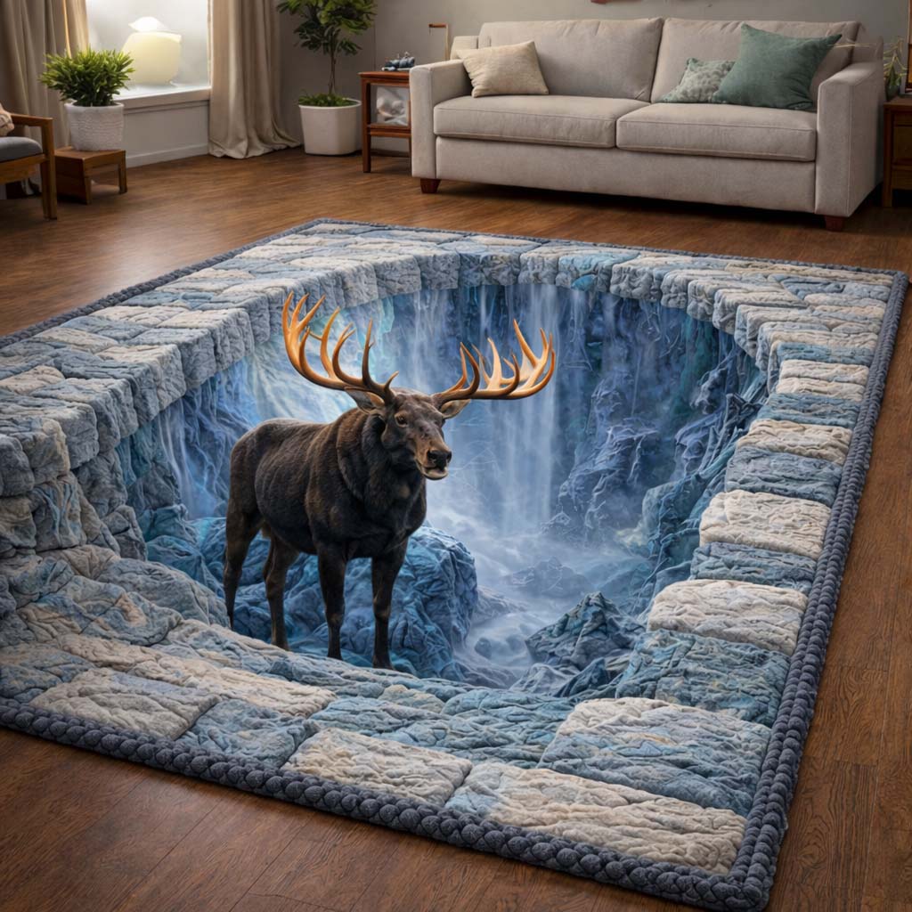 Glacial Falls Moose Area Rug - Non-Slip Washable 3D Print Rug for Living Room & BedroomTVC2108415