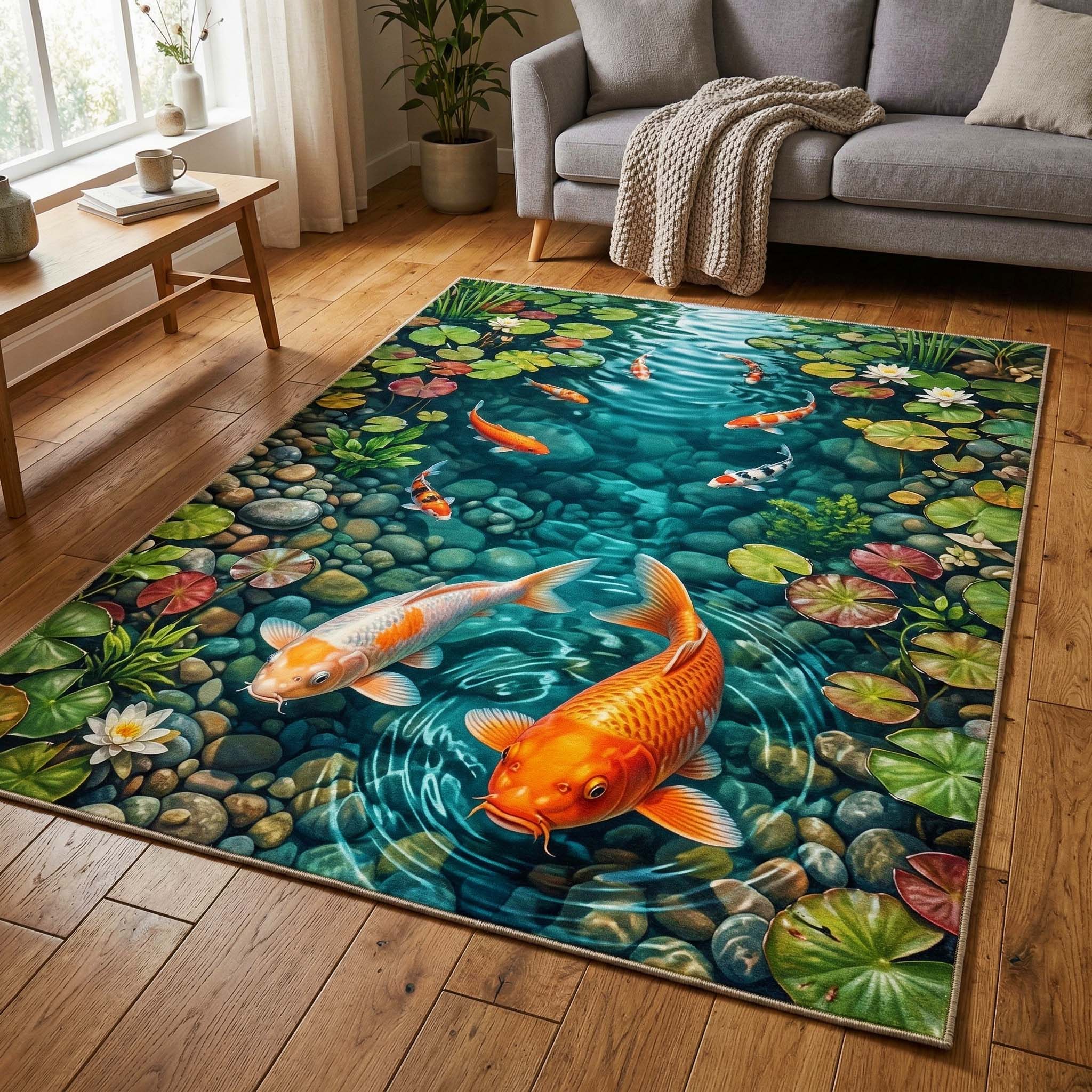 Golden Koi Area Rug - Non-Slip Washable 3D Print Rug for Living Room & BedroomTVC2108414