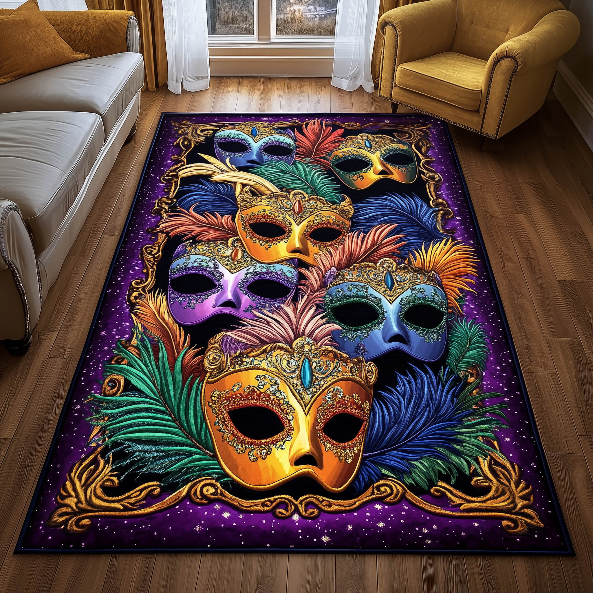 Golden Masquerade Area Rug - Non-Slip Washable 3D Print Rug for Living Room & BedroomTVC2108414
