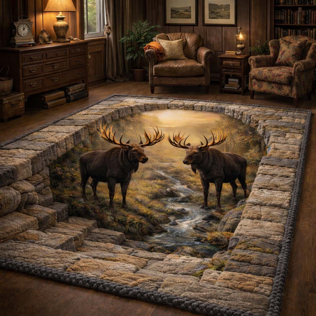 Golden Meadow Moose Area Rug - Non-Slip Washable 3D Print Rug for Living Room & BedroomTVC2108414