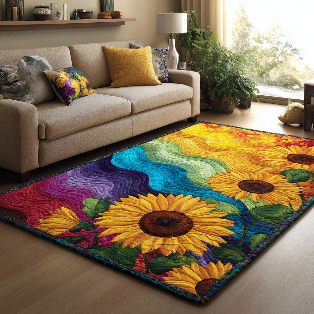 Golden Sunflower Area Rug - Non-Slip Washable 3D Print Rug for Living Room & BedroomTVC2108317