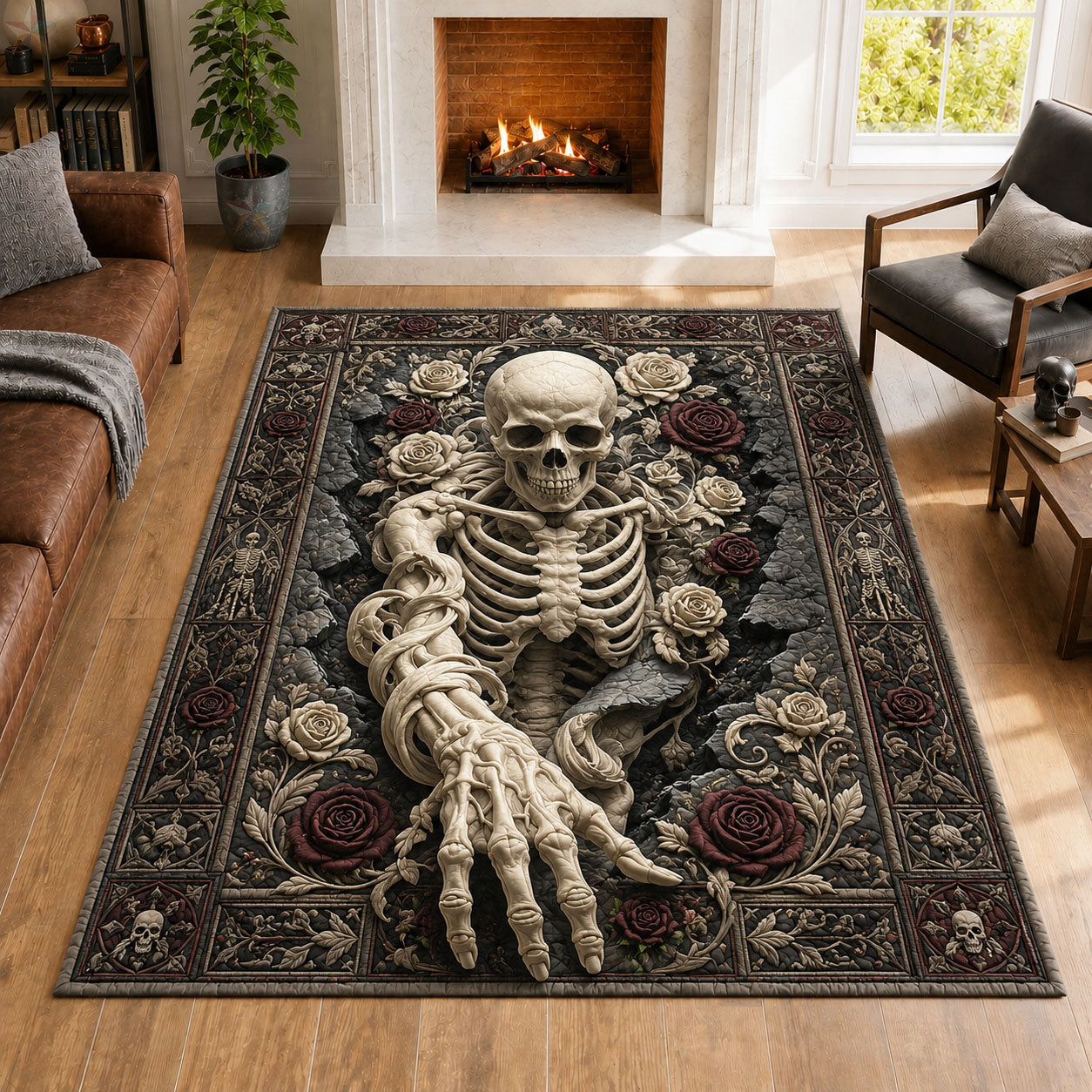 Gothic Skeleton Black Rose Halloween Area Rug - Non-Slip Washable 3D Print Rug for Living Room & BedroomTVC2108412