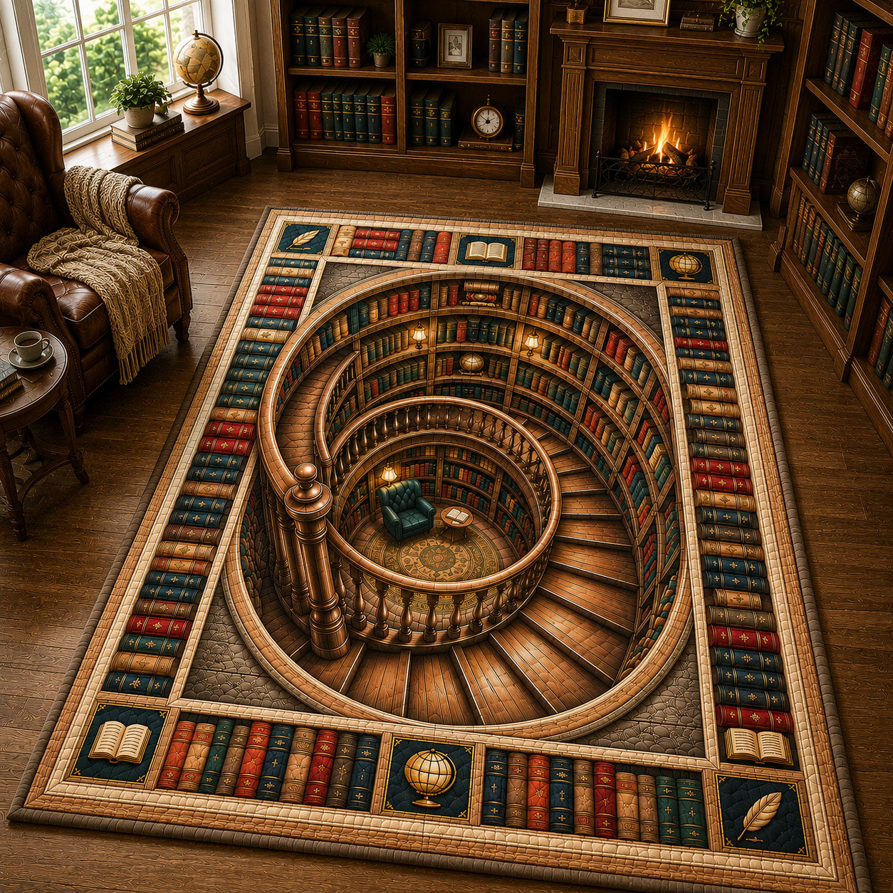 Grand Spiral Library Staircase Area Rug - Non-Slip Washable 3D Print Rug for Living Room & BedroomTVC2108412