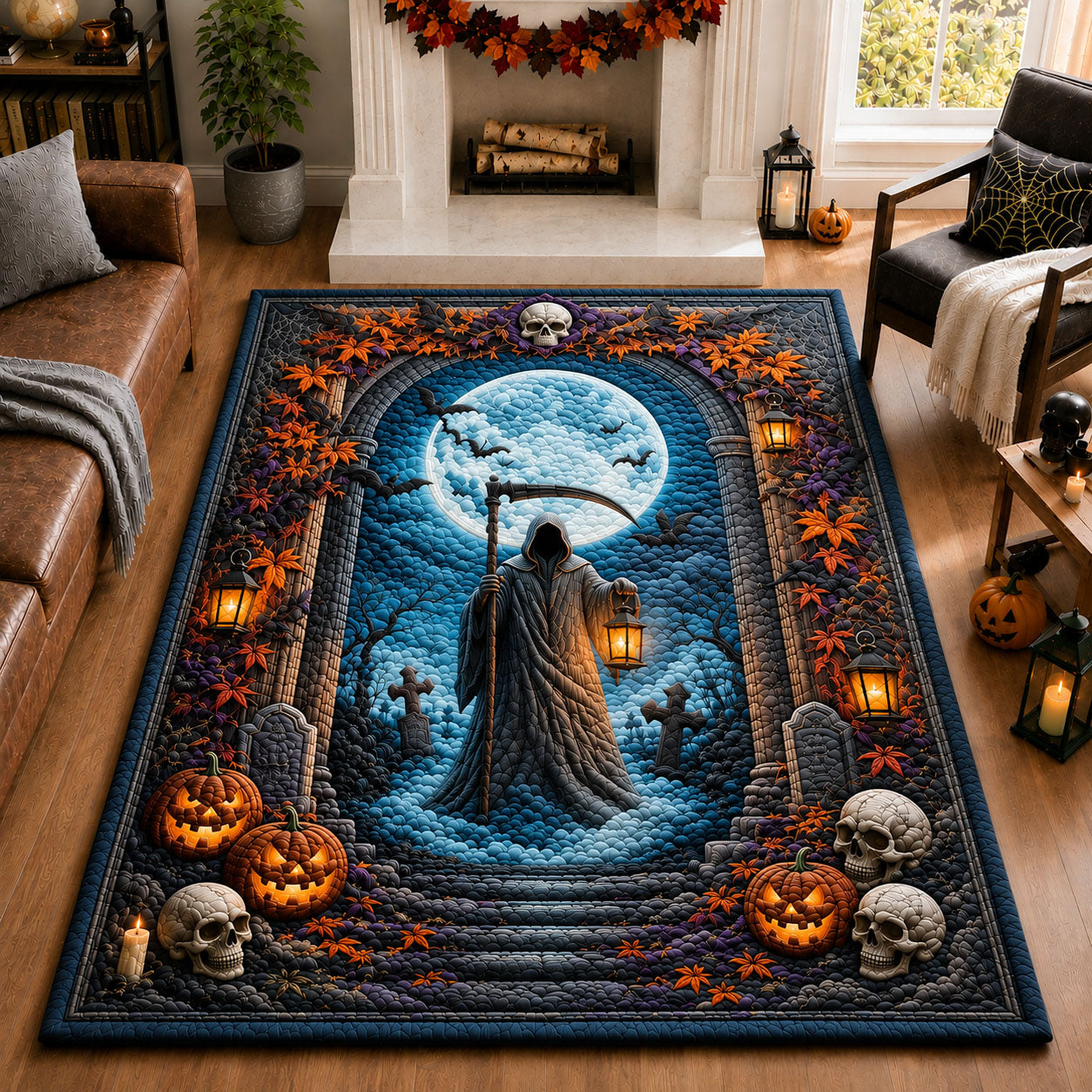 Grim Reaper Moonlight Halloween Area Rug - Non-Slip Washable 3D Print Rug for Living Room & BedroomTVC2108412