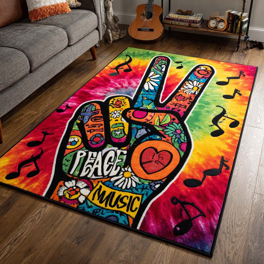 Groovy Peace Hand Area Rug - Non-Slip Washable 3D Print Rug for Living Room & BedroomTVC2108315