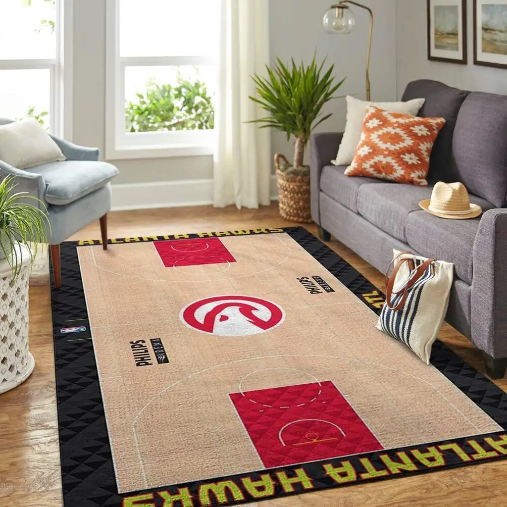 Hawks Basketball Court Mat Non Slip Floor Rug Beige and Red