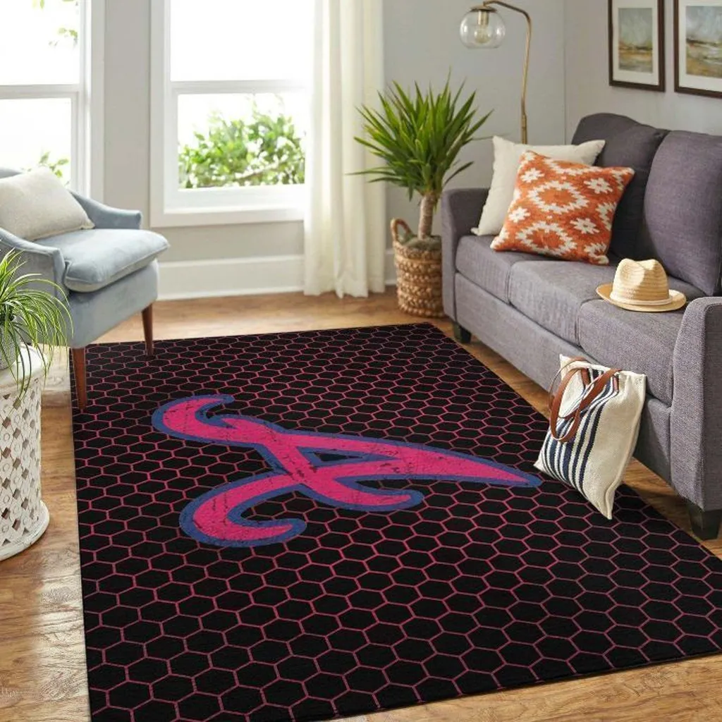 Hexagon Area Rug with Elegant Script Pattern Design Black and Pink