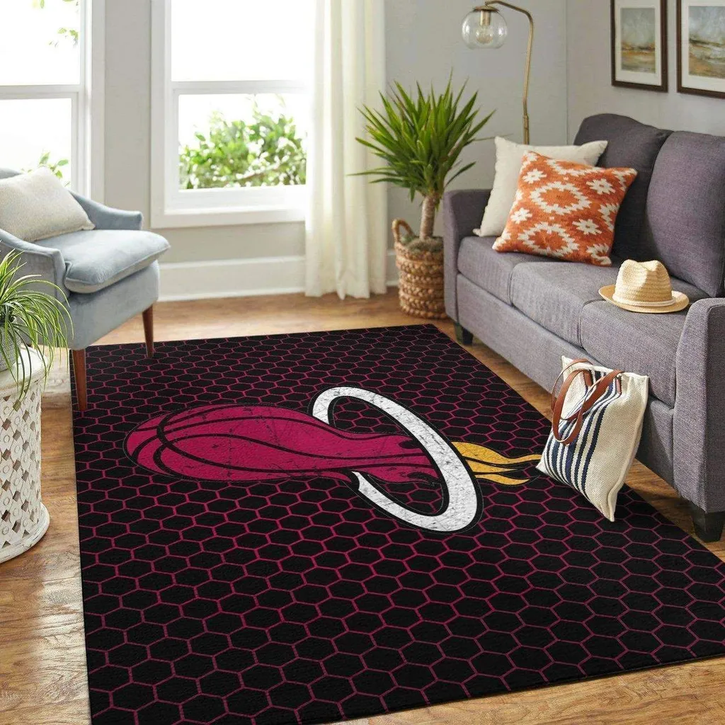 Hexagon Pattern Basketball Theme Area Rug for Sports Room Black and Red
