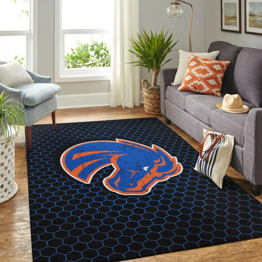 Hexagon Rug Featuring Bold Bronco Logo Design Black and Blue