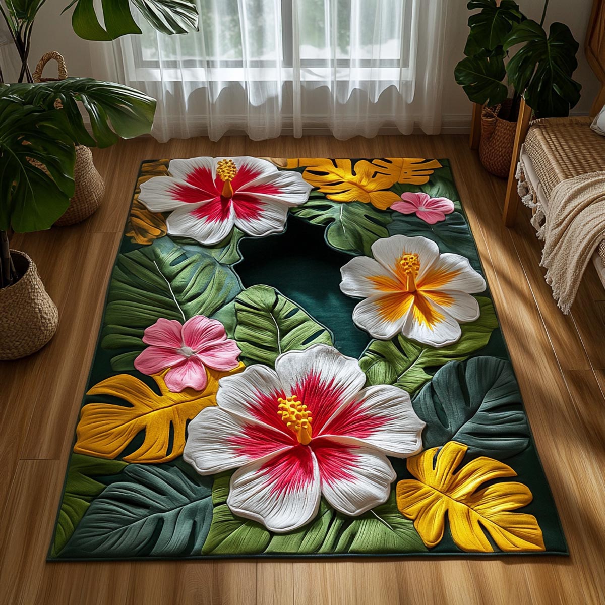 Hibiscus Bloom Area Rug - Non-Slip Washable 3D Print Rug for Living Room & BedroomTVC2108312