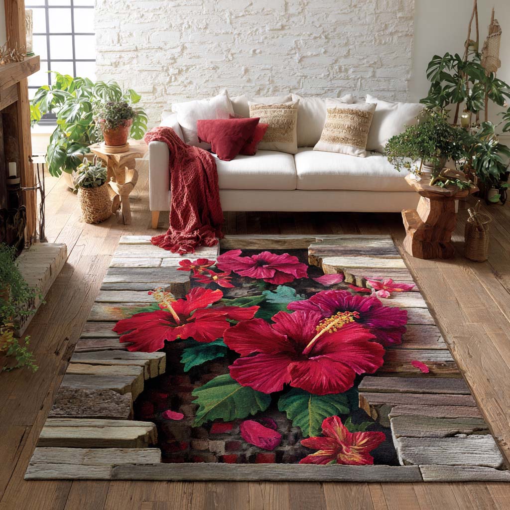 Hibiscus Charm Area Rug - Non-Slip Washable 3D Print Rug for Living Room & BedroomTVC2108312