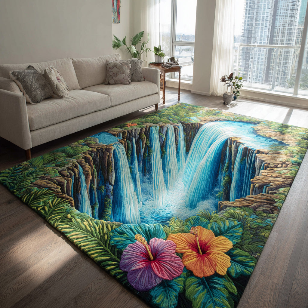 Hibiscus Falls Area Rug - Non-Slip Washable 3D Print Rug for Living Room & BedroomTVC2108311