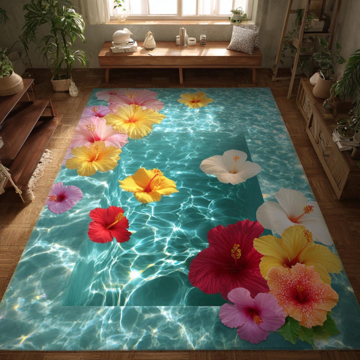 Hibiscus Glow Area Rug - Non-Slip Washable 3D Print Rug for Living Room & BedroomTVC2108311