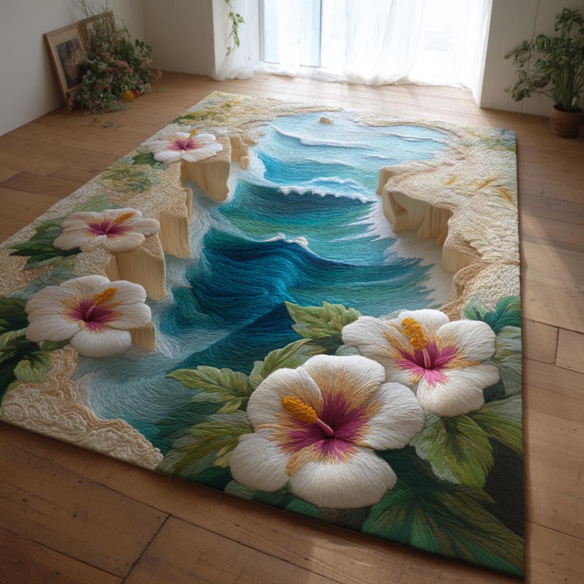 Hibiscus Grace Area Rug - Non-Slip Washable 3D Print Rug for Living Room & BedroomTVC2108311
