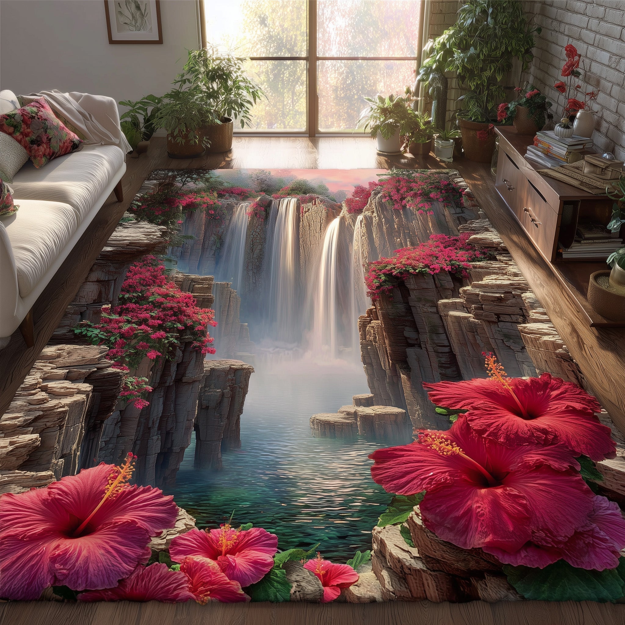 Hibiscus Serenity Area Rug - Non-Slip Washable 3D Print Rug for Living Room & BedroomTVC2108410