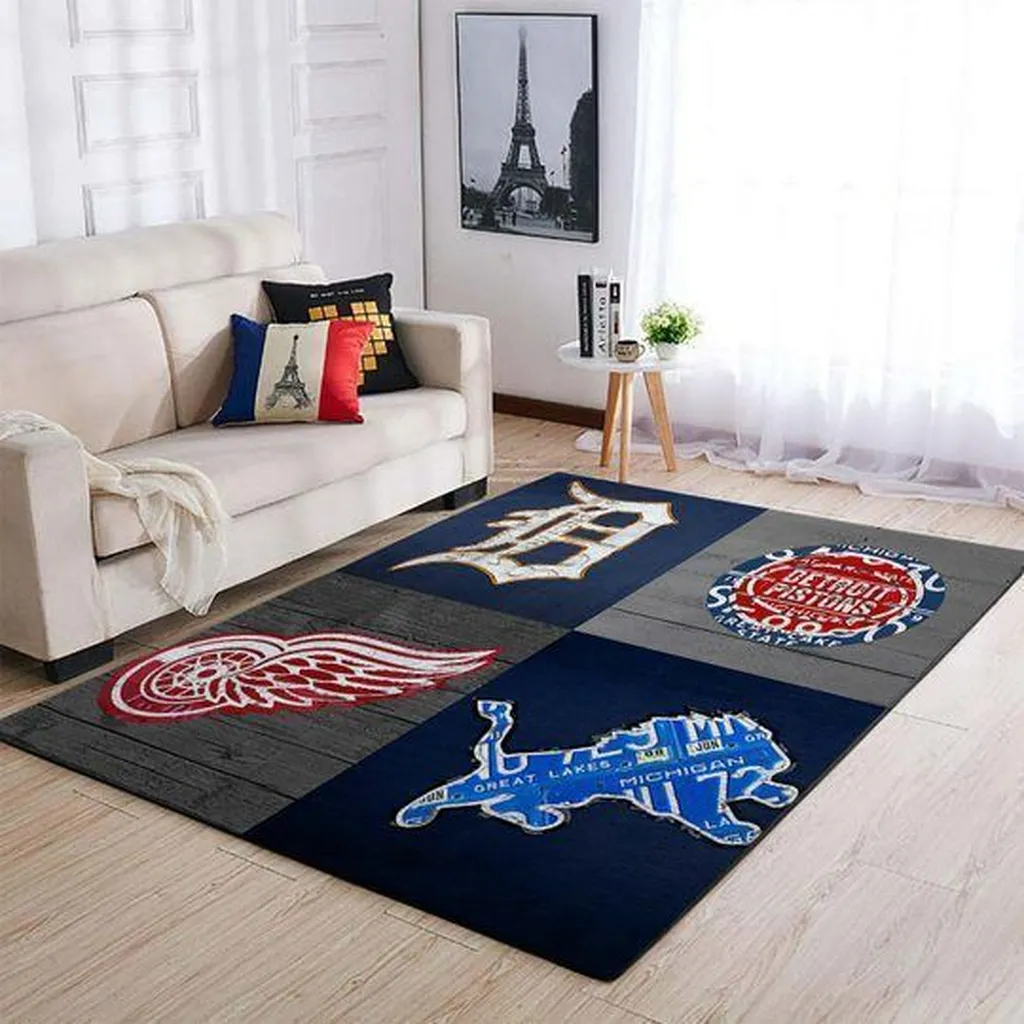 Hockey Team Logo Area Rug for Living Room Decor Beige and Blue