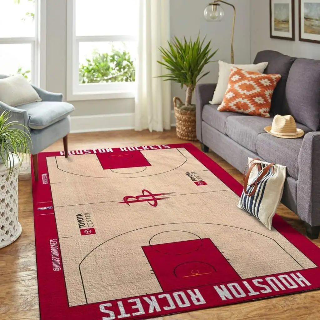 Houston Rockets Rug - Basketball Court Area Colors Beige and Red
