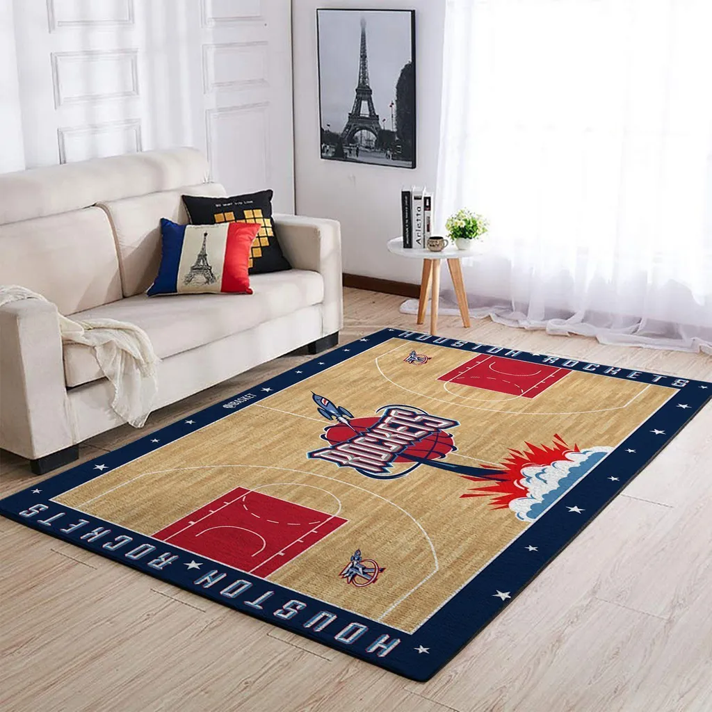 Houston Rockets Rug - Basketball Court Area for Fans Blue and White