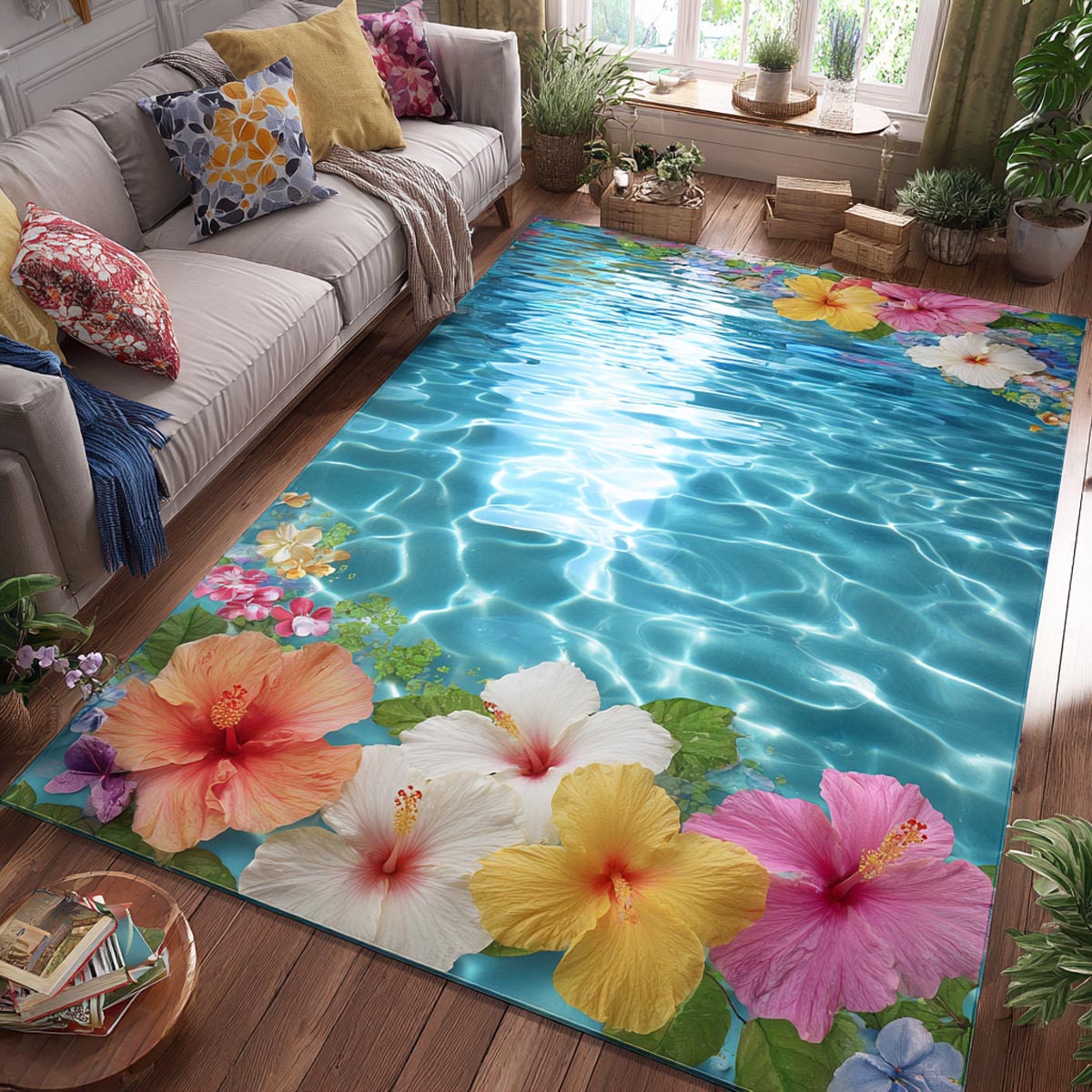 Island Hibiscus Area Rug - Non-Slip Washable 3D Print Rug for Living Room & BedroomTVC2108306