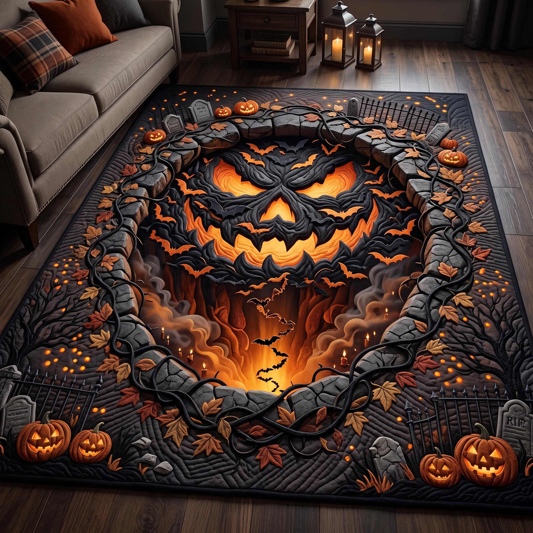 Jack O Lantern Pit Area Rug - Non-Slip Washable 3D Print Rug for Living Room & BedroomTVC2108409