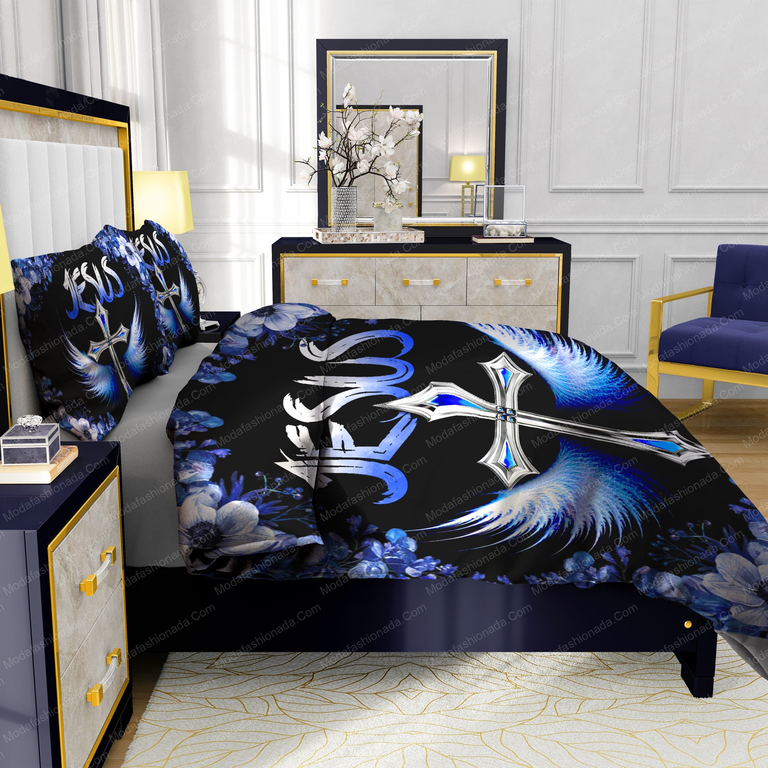 Jesus Cross Navy Blue Floral Bedding Sets