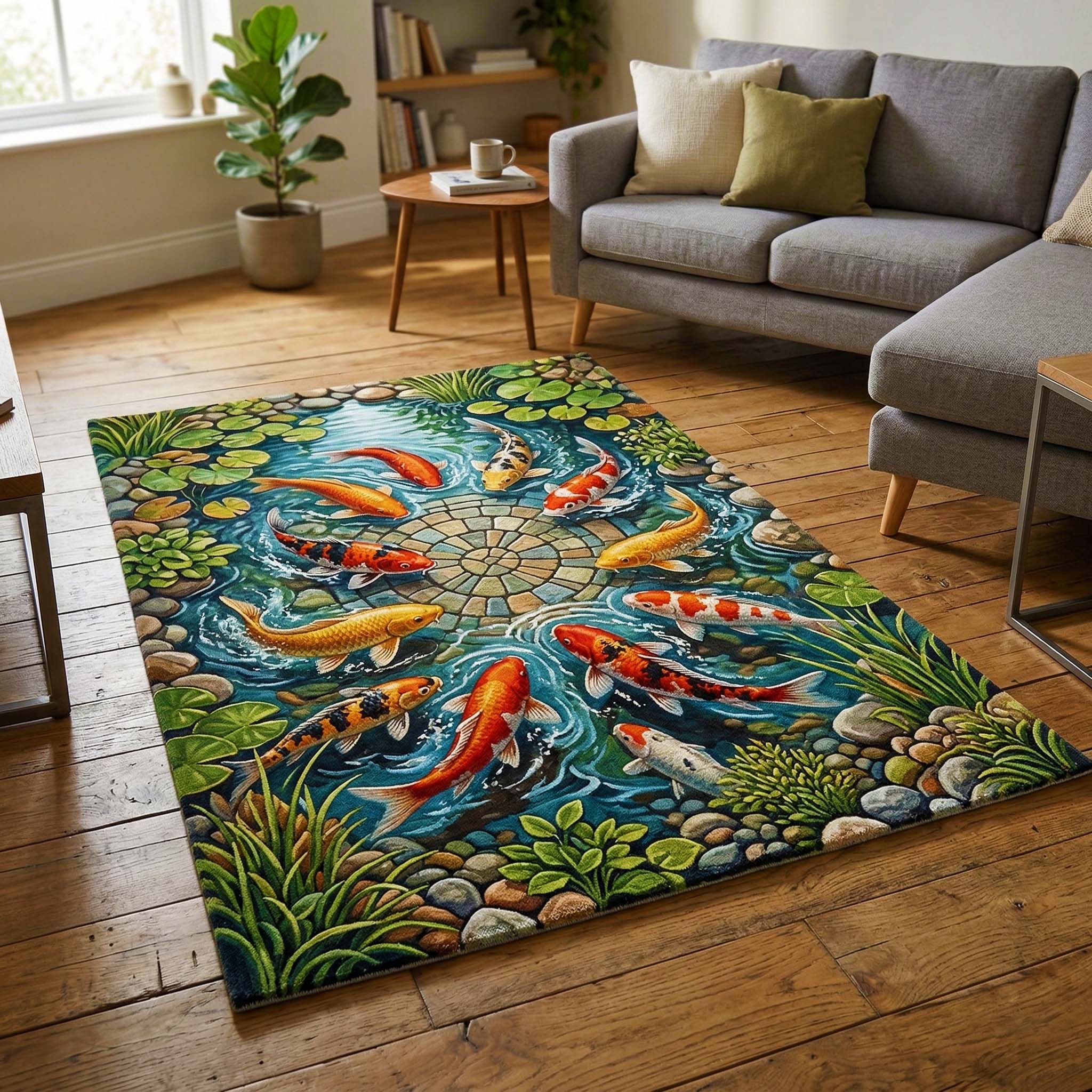 Koi Circle Area Rug - Non-Slip Washable 3D Print Rug for Living Room & BedroomTVC2108408