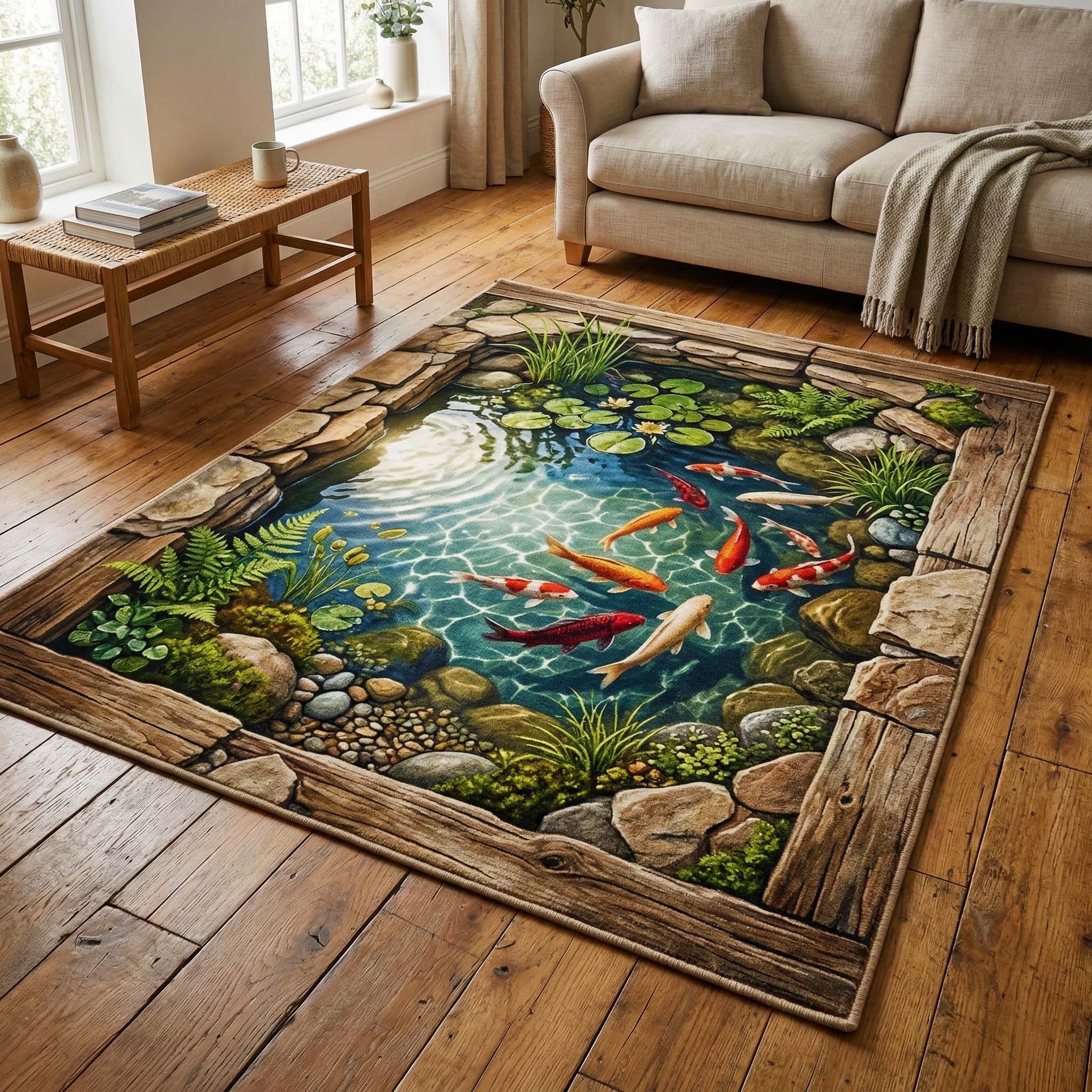 Koi Lagoon Area Rug - Non-Slip Washable 3D Print Rug for Living Room & BedroomTVC2108233