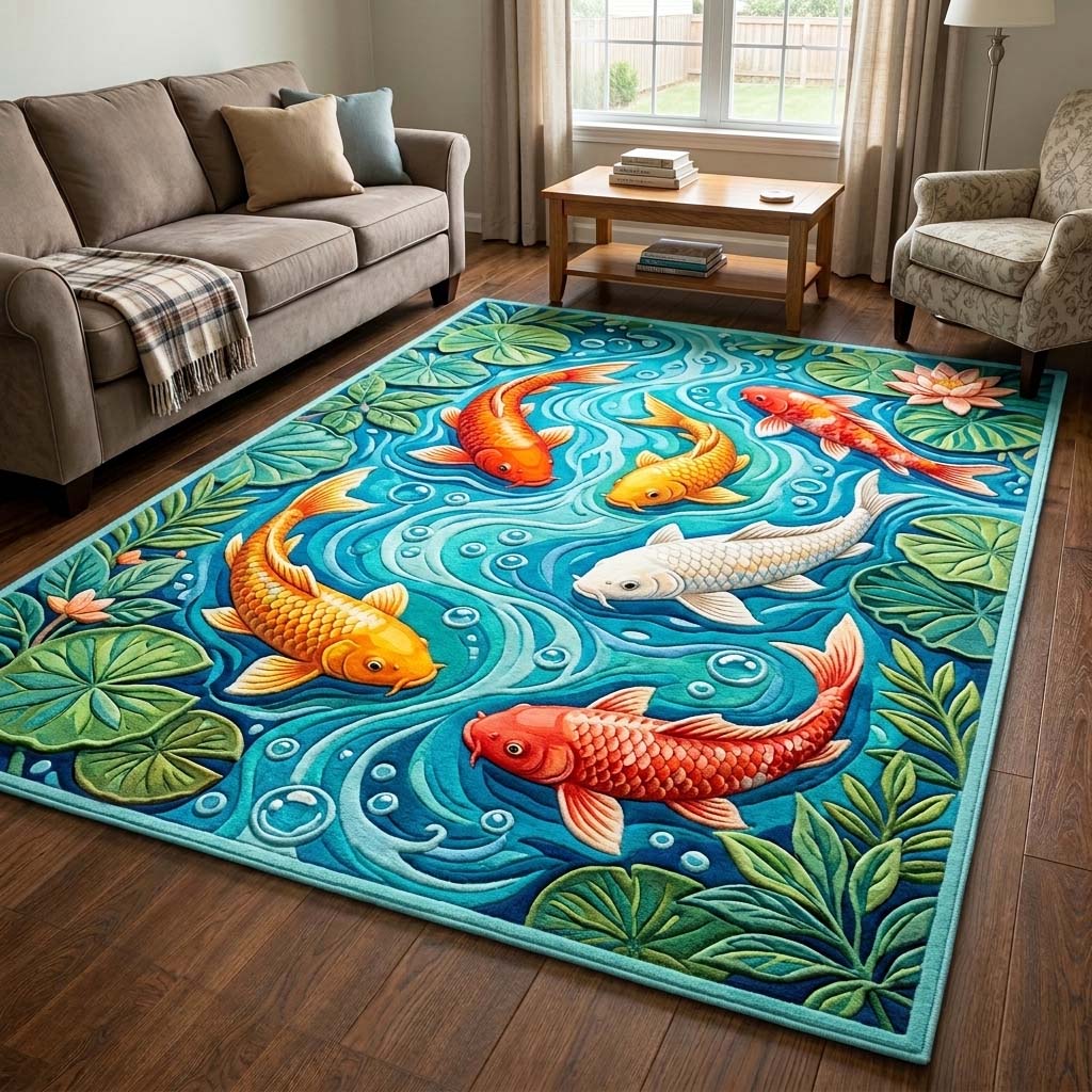 Koi Lagoon Area Rug - Non-Slip Washable 3D Print Rug for Living Room & BedroomTVC2108408