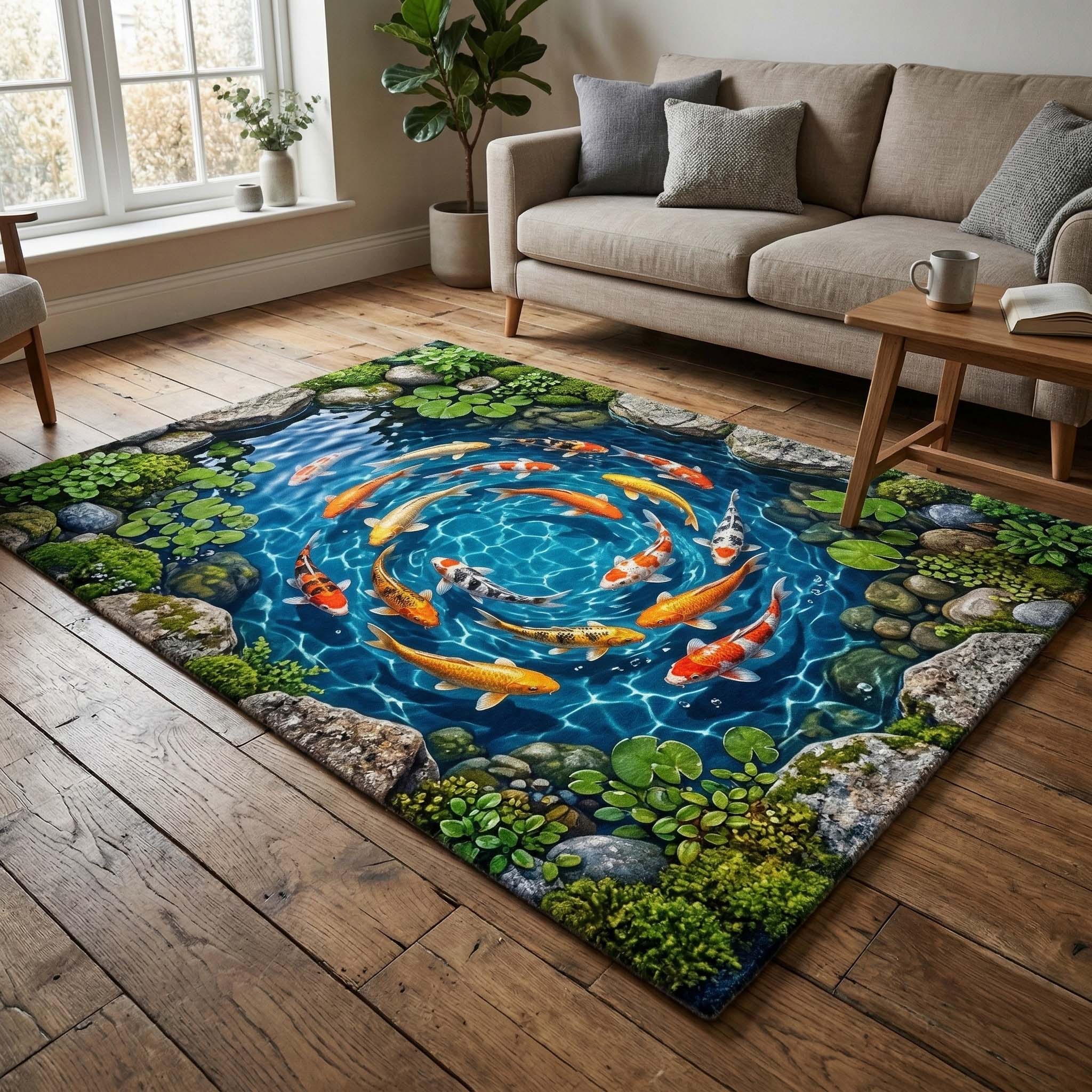 Koi Spiral Area Rug - Non-Slip Washable 3D Print Rug for Living Room & BedroomTVC2108408