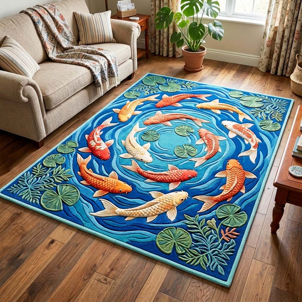 Koi Whirlpool Area Rug - Non-Slip Washable 3D Print Rug for Living Room & BedroomTVC2108408