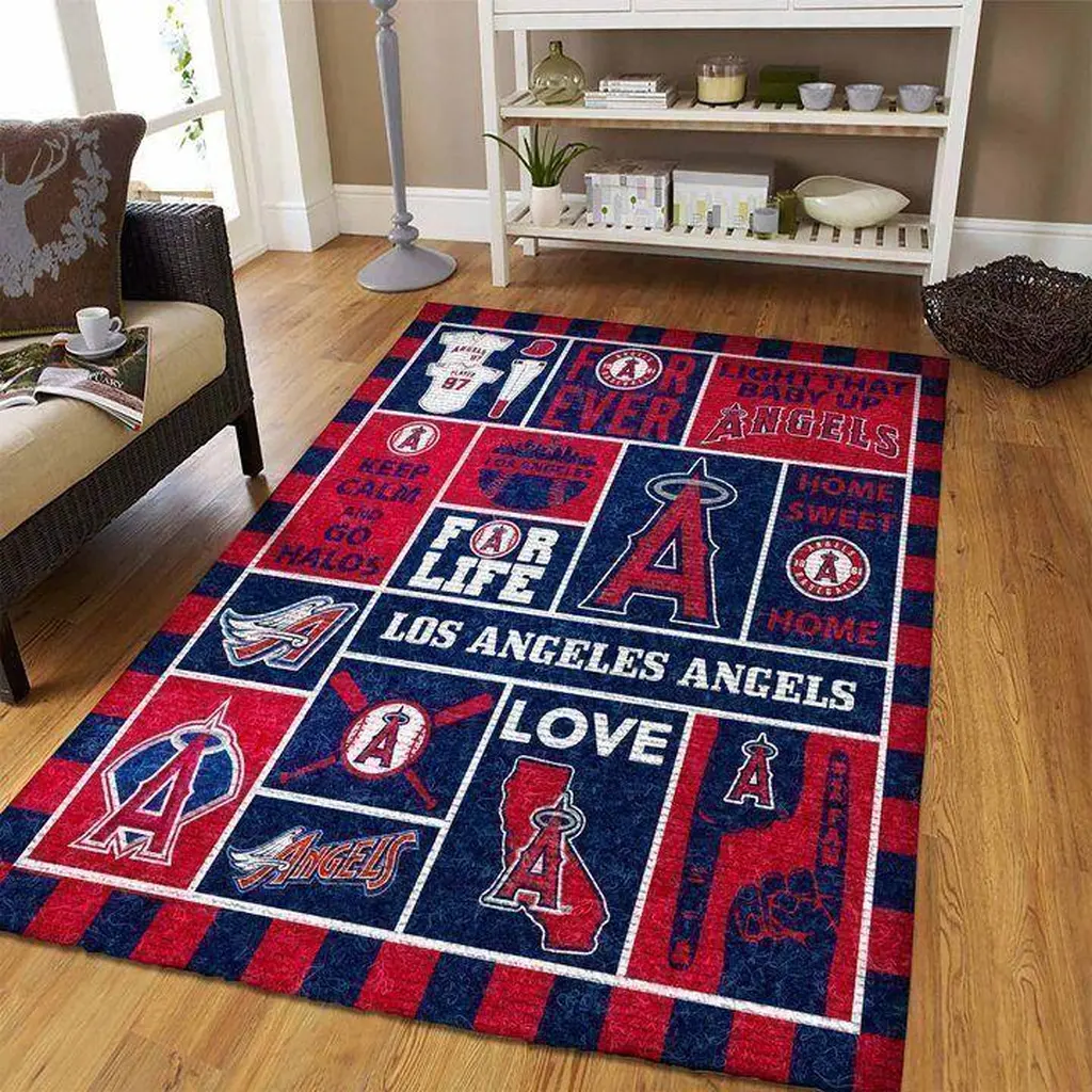 LA Angels Rug Sports Fan Decor for Game Room Bedroom Blue and Red