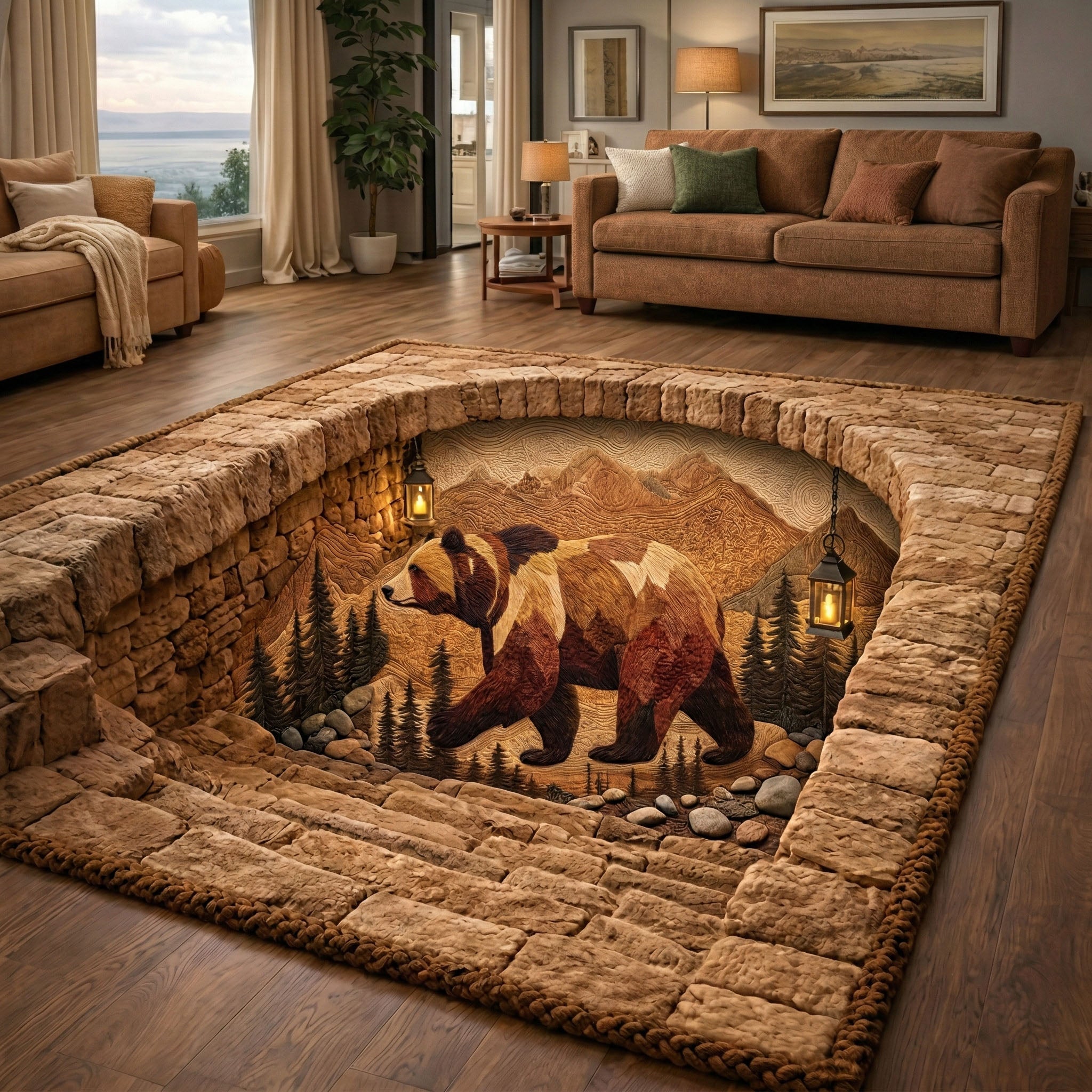 Lantern Cave Bear Area Rug - Non-Slip Washable 3D Print Rug for Living Room & BedroomTVC2108304