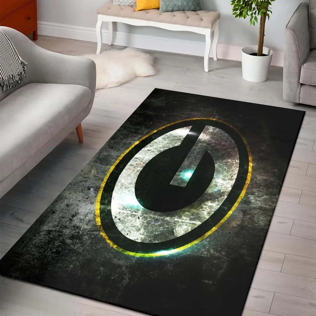 Large Rug Featuring Modern Abstract Power Button Design Black and Green