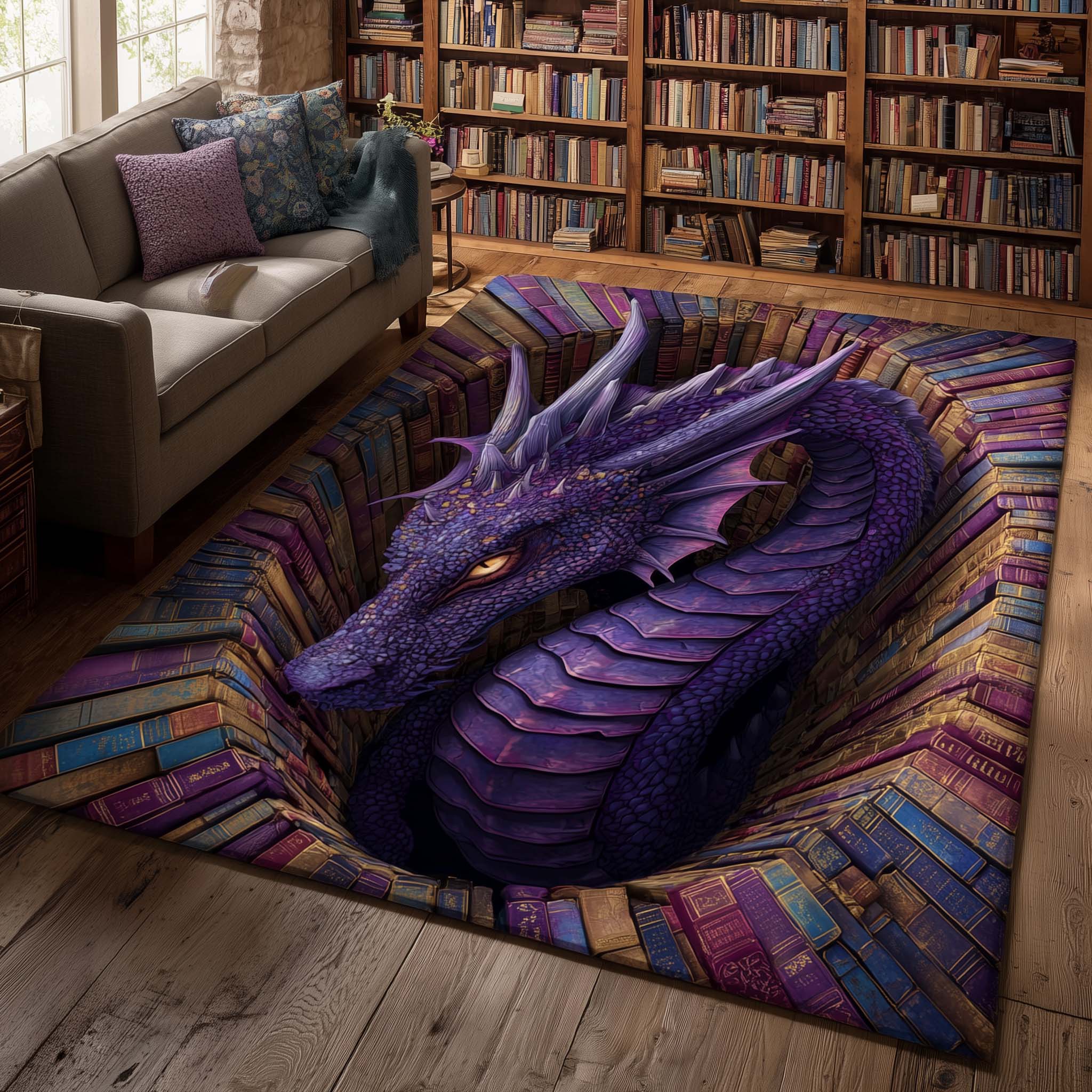 Library Dragon Area Rug - Non-Slip Washable 3D Print Rug for Living Room & BedroomTVC2108407