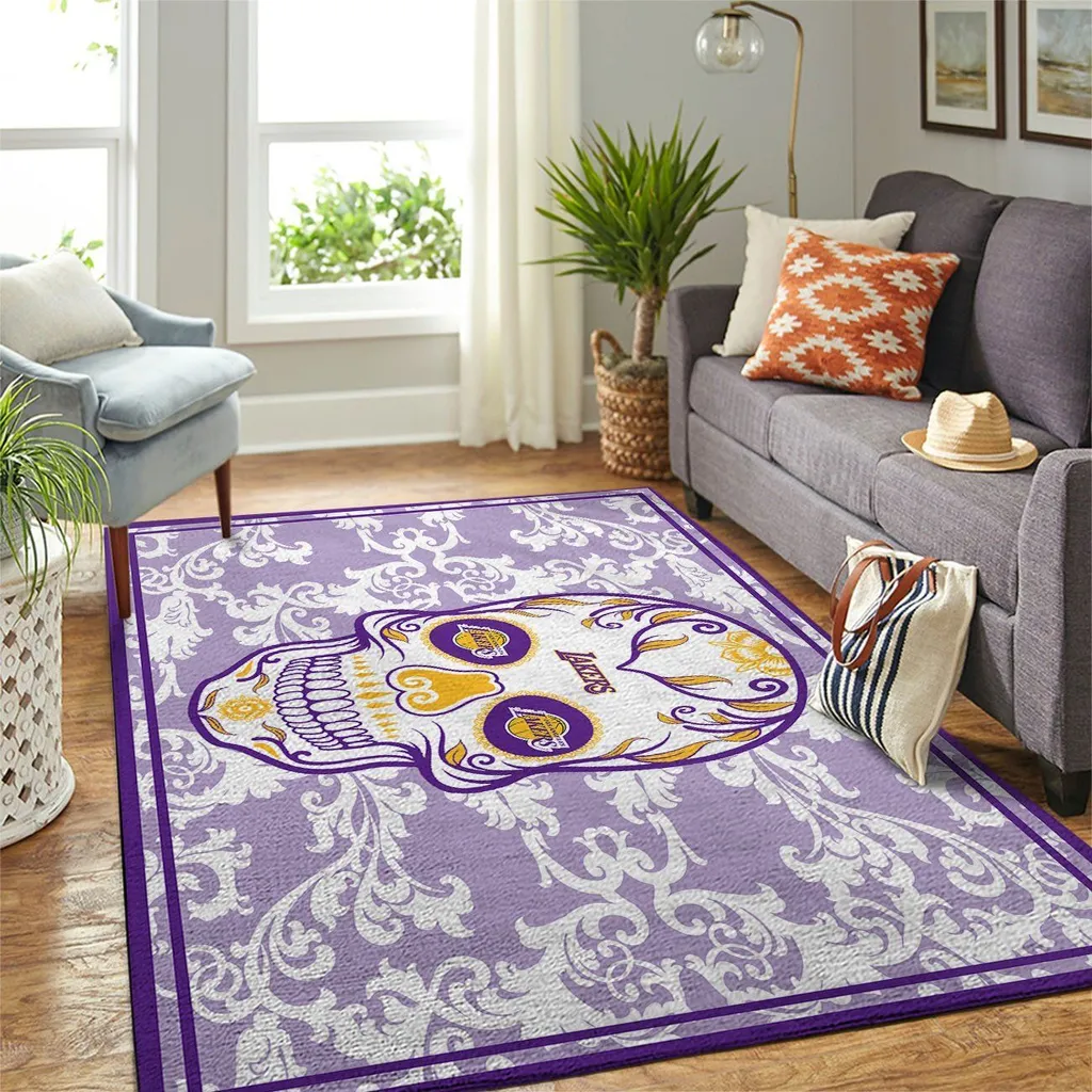 Living Room Rug with Stylish Skull Pattern Design Purple and White