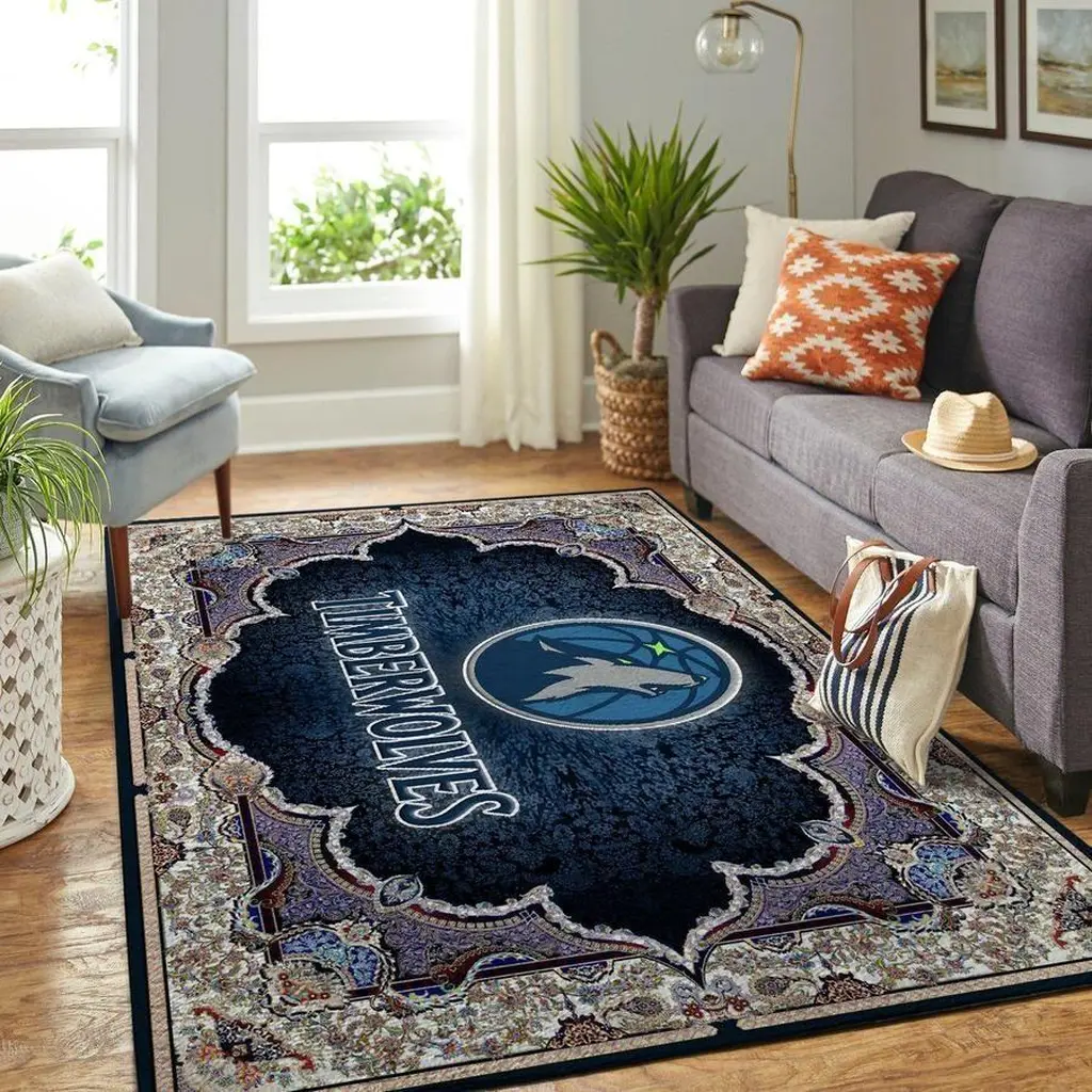 Living Room Rug with Timberwolves Logo Centerpiece Gray and White