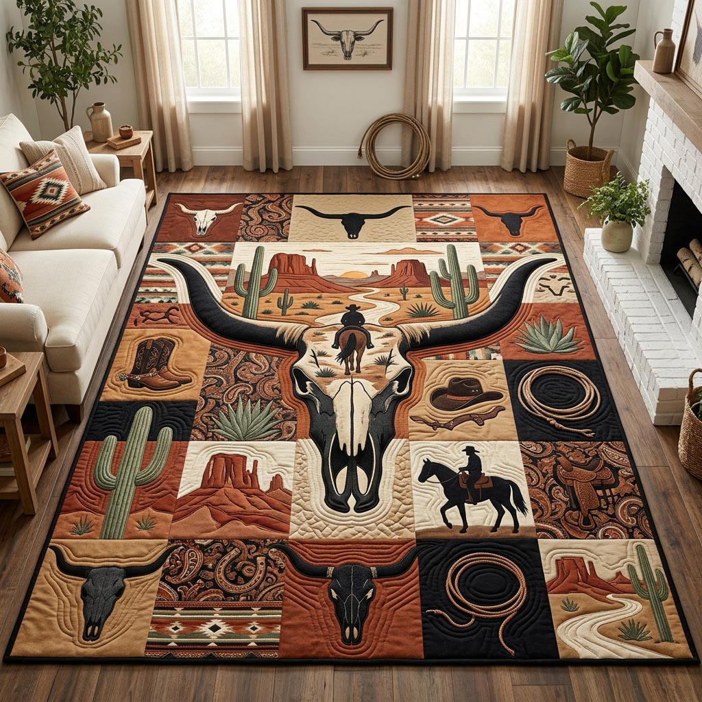 Longhorn Skull Cowboy Area Rug - Non-Slip Washable 3D Print Rug for Living Room & BedroomTVC2108407