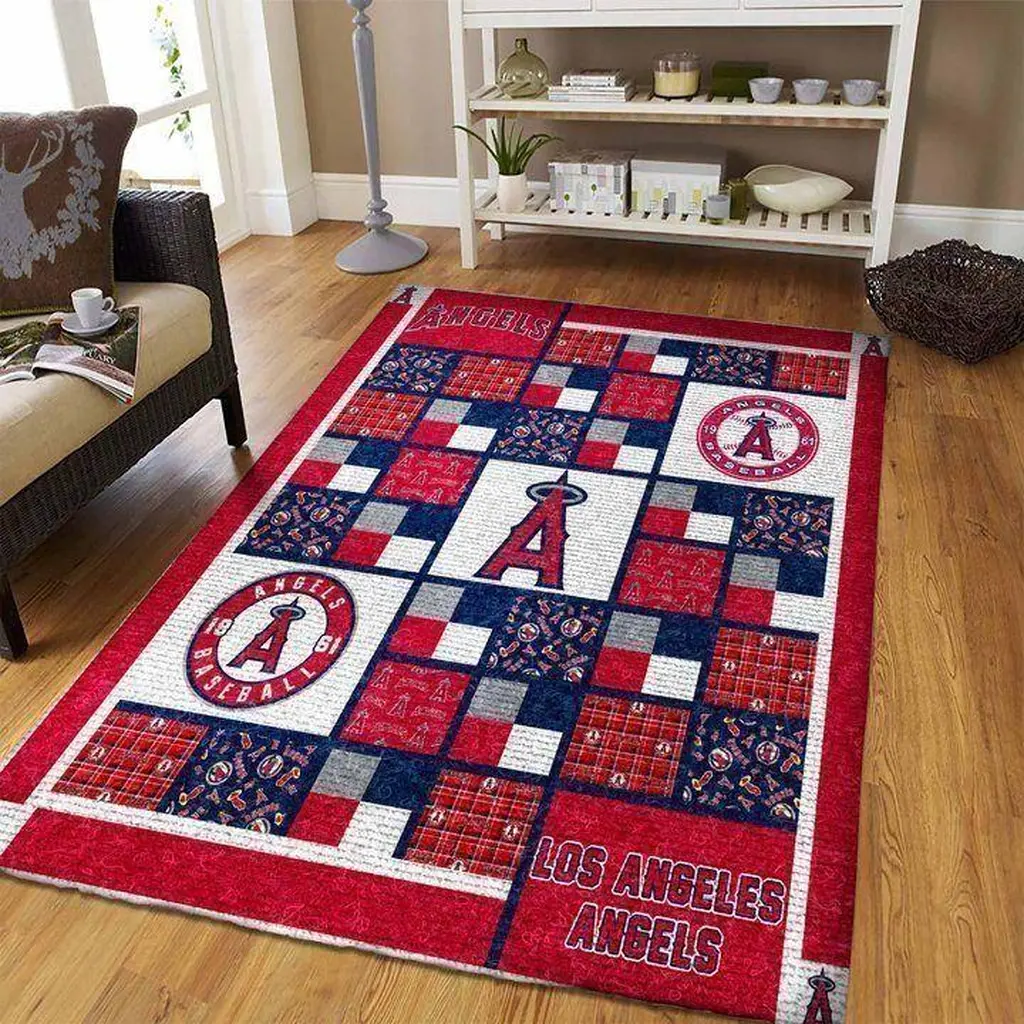 Los Angeles Angels Rug - Baseball Area for Game Room Decor Blue and Red