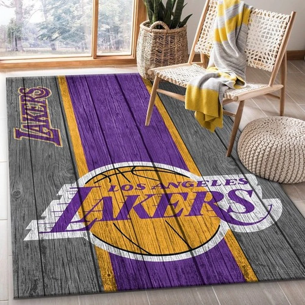 Los Angeles Lakers Rug - Wooden Floor Basketball Design Purple and Yellow