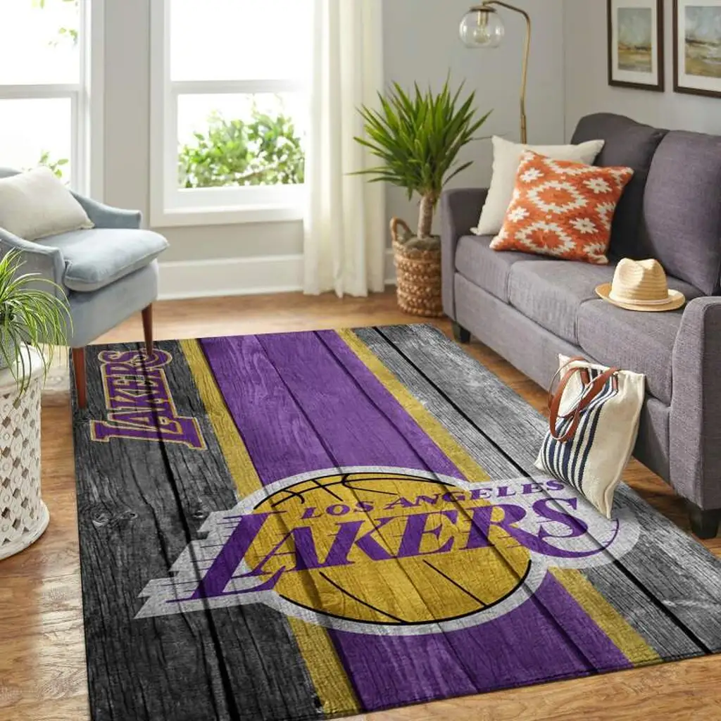 Los Angeles Lakers Rug - Wooden Floor Style Area Purple and Yellow
