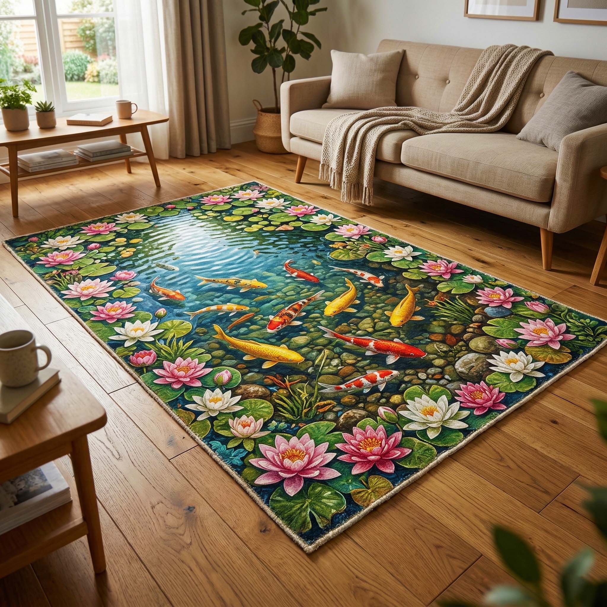 Lotus Koi Area Rug - Non-Slip Washable 3D Print Rug for Living Room & BedroomTVC2108407