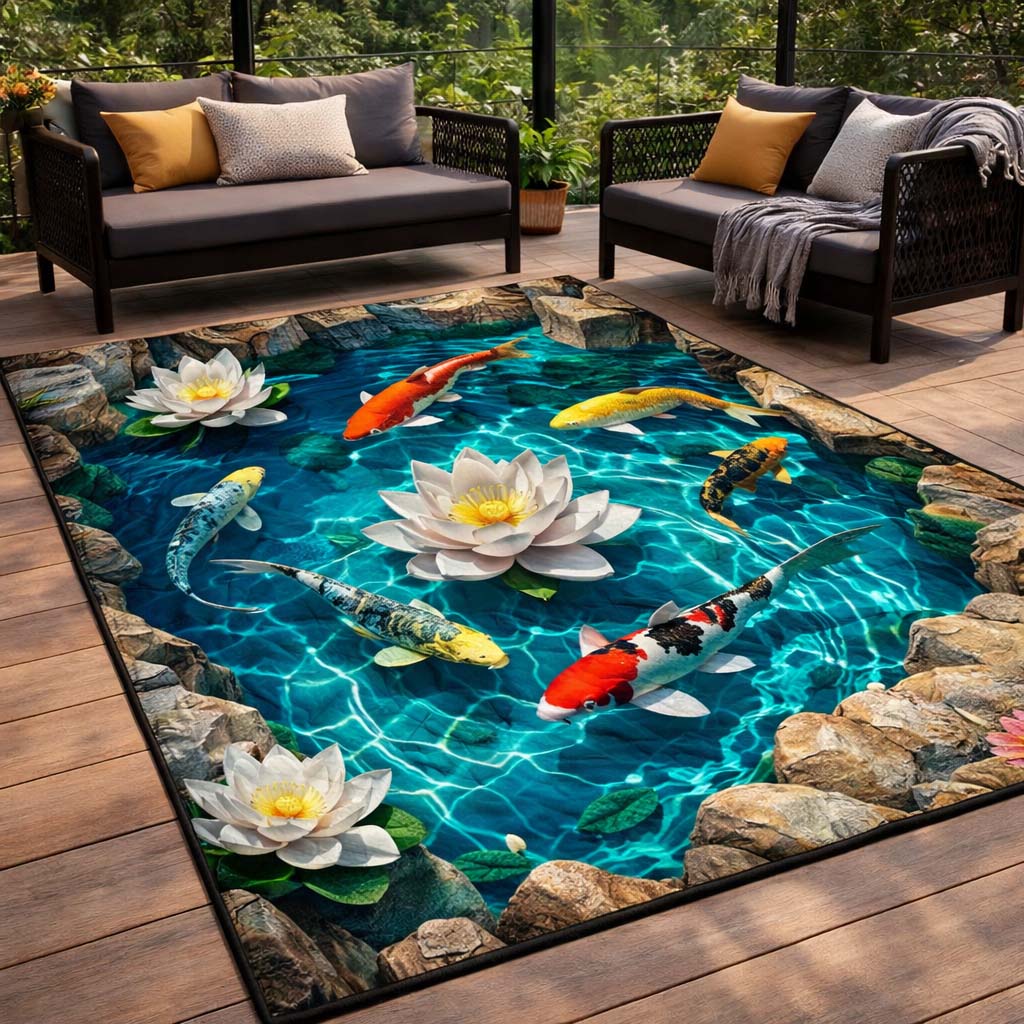 Lotus Koi Pond Area Rug - Non-Slip Washable 3D Print Rug for Living Room & BedroomTVC2108407