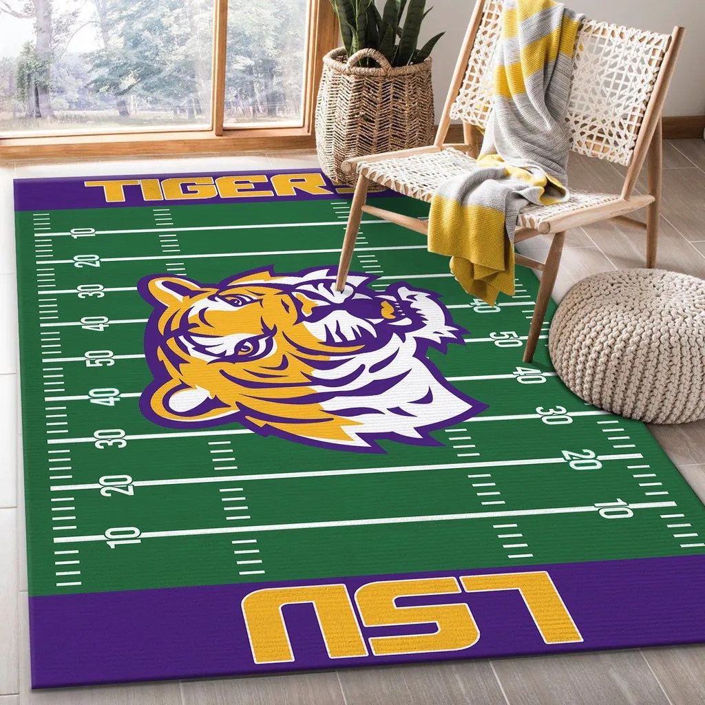 LSU Tiger Head Football Field Rug for Fans Green and Purple