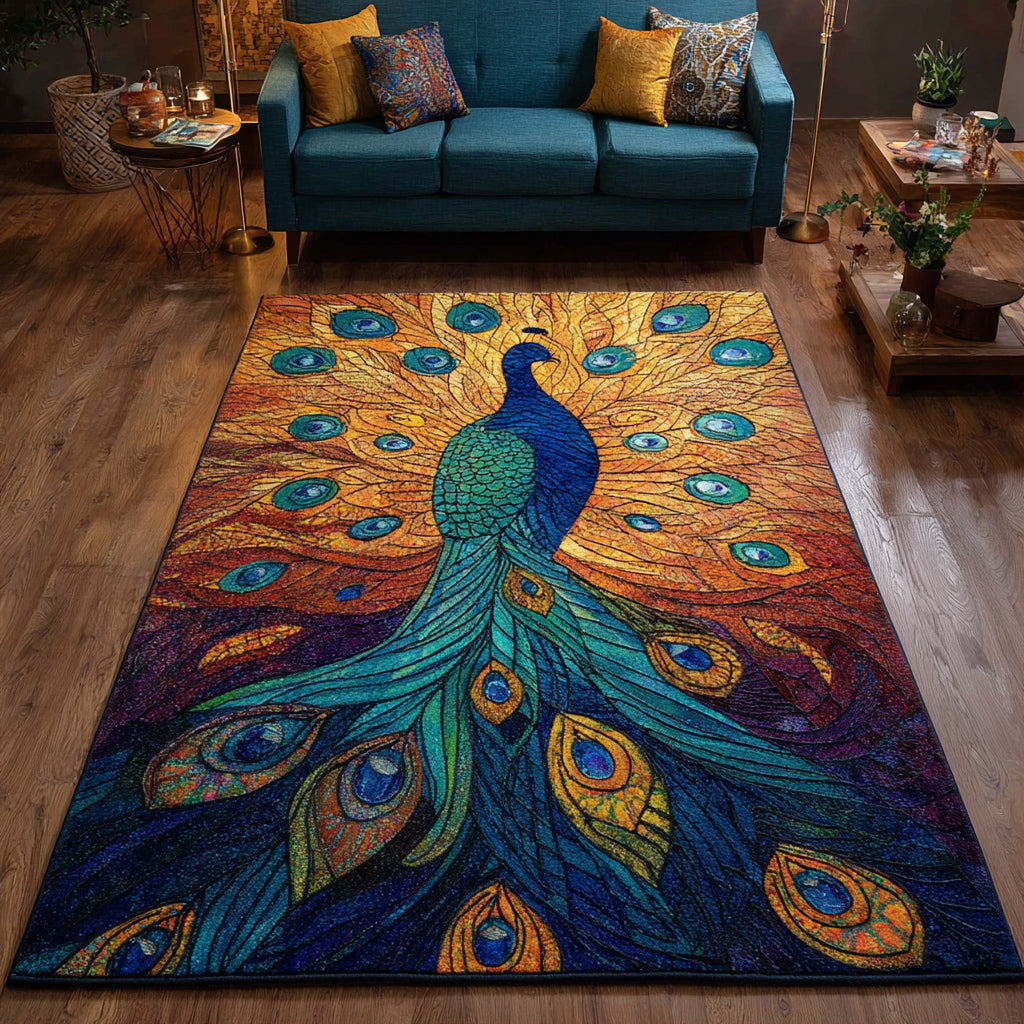 Luminous Peacock Fan Area Rug - Non-Slip Washable 3D Print Rug for Living Room & BedroomTVC2108299
