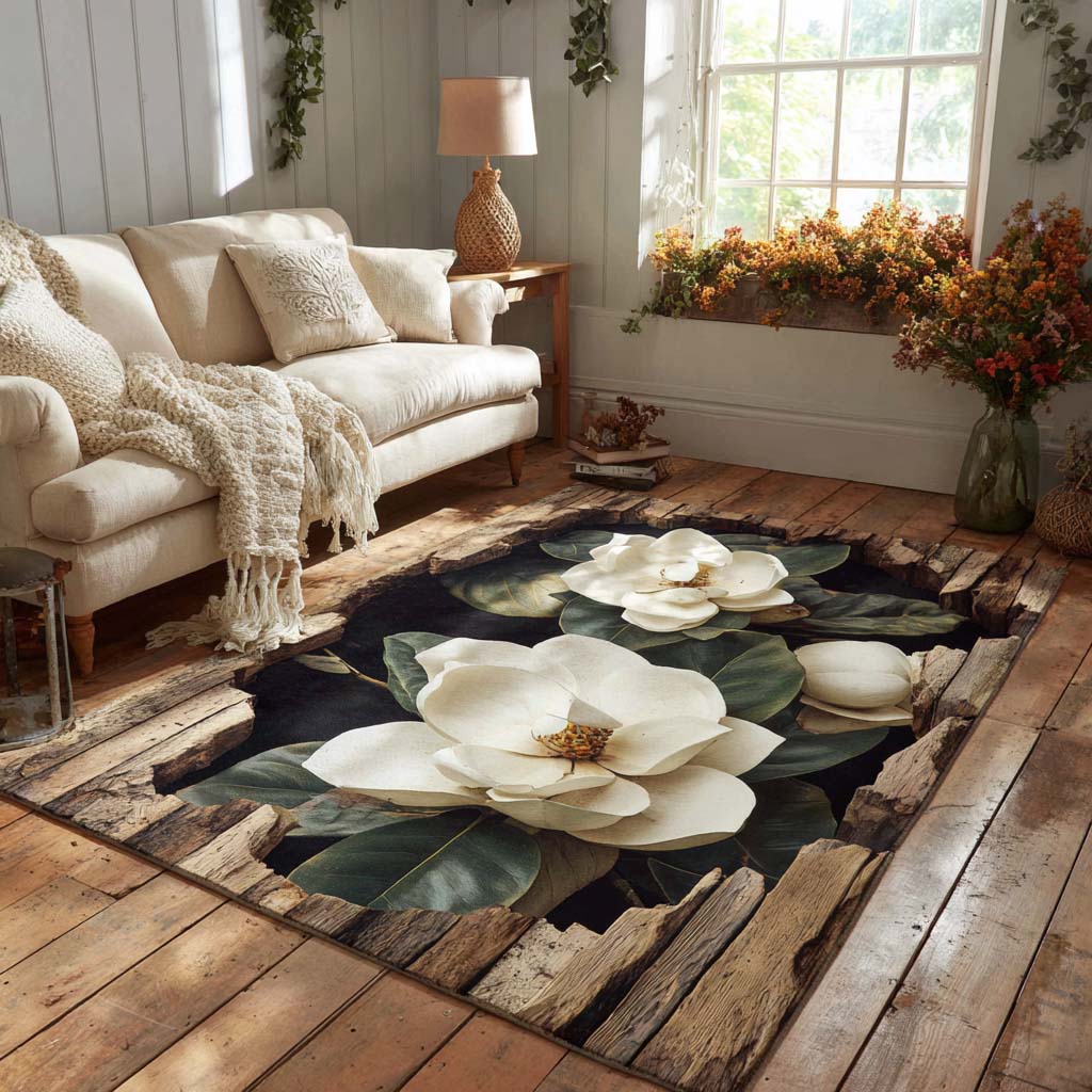 Magnolia Elegance Area Rug - Non-Slip Washable 3D Print Rug for Living Room & BedroomTVC2108299