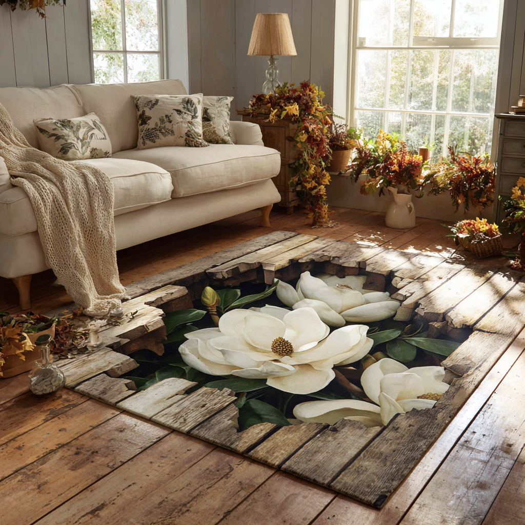 Magnolia Grace Area Rug - Non-Slip Washable 3D Print Rug for Living Room & BedroomTVC2108299