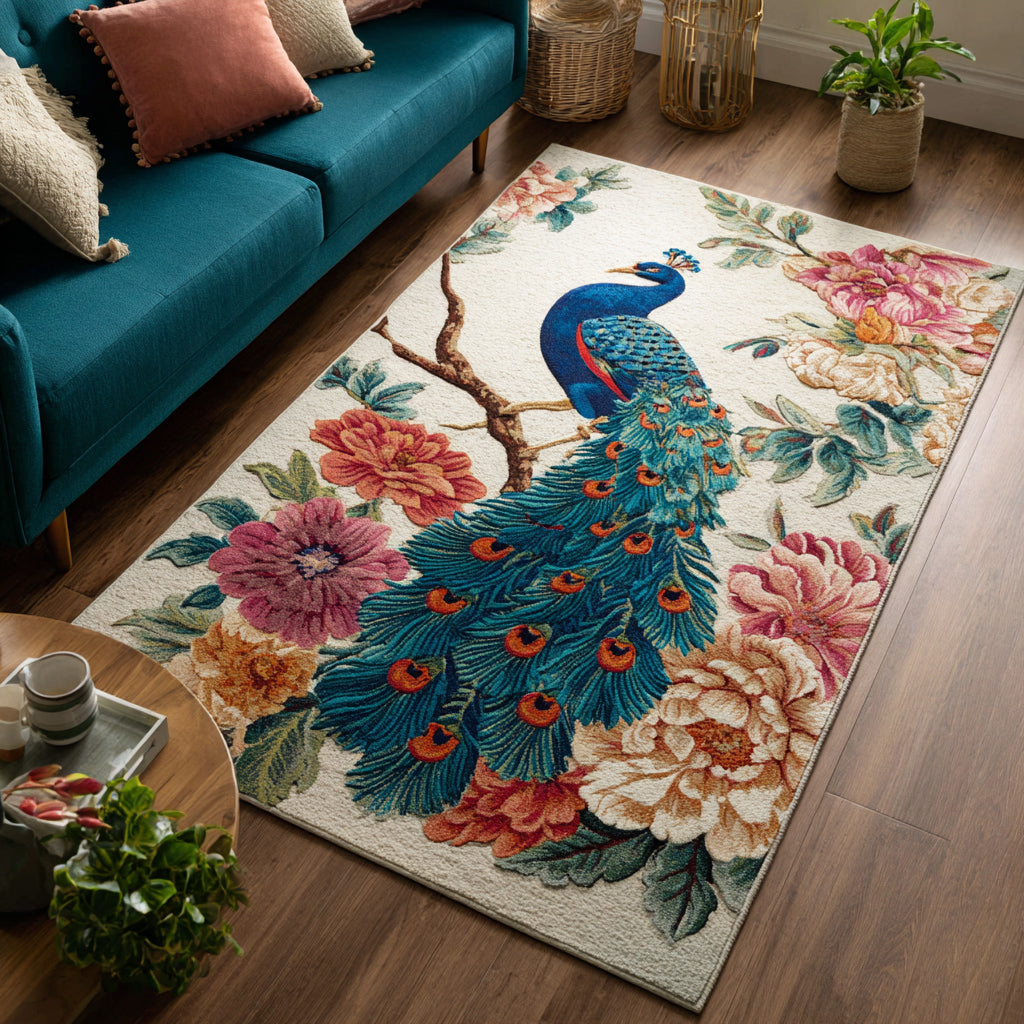 Majestic Peacock Bloom Area Rug - Non-Slip Washable 3D Print Rug for Living Room & BedroomTVC2108298