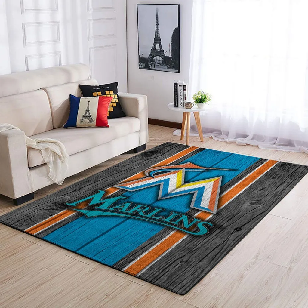 Marlins Logo Rug Perfect for Modern Living Room Decor Blue and Orange