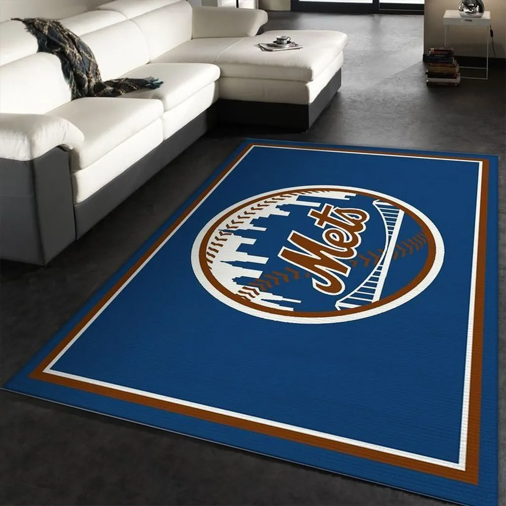 Mets Baseball Area Rug for Living Room Decor Blue and Brown