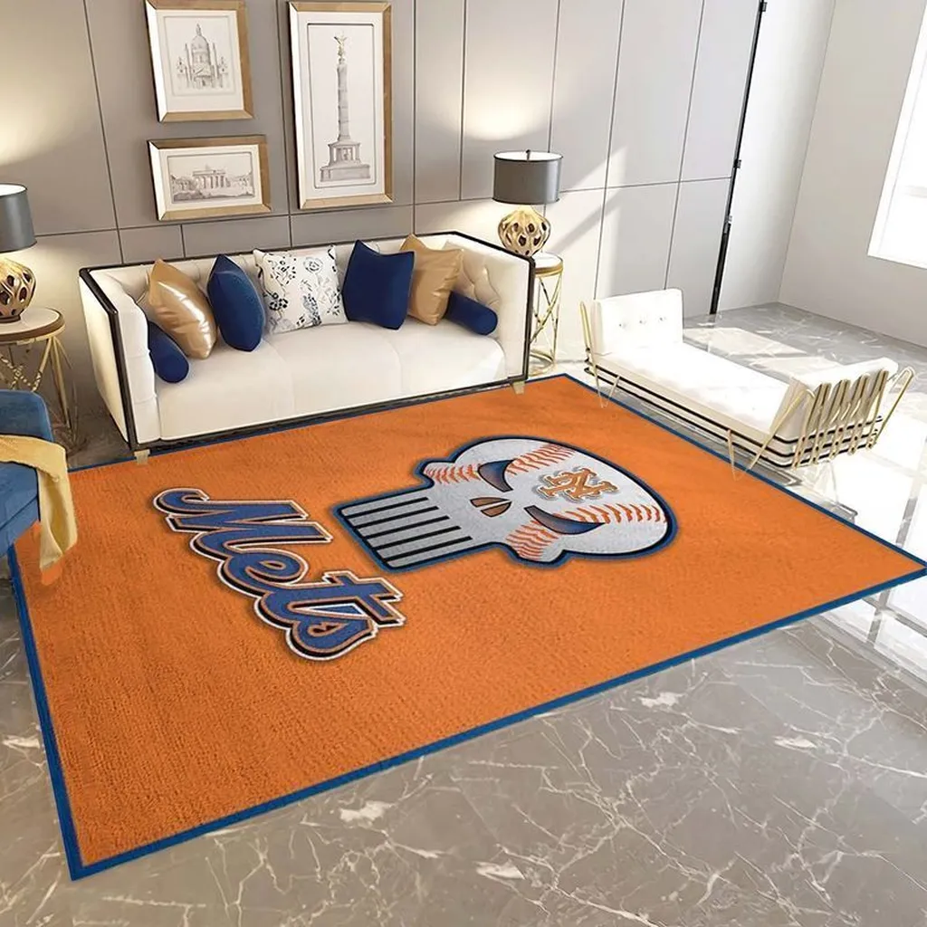Mets Baseball Rug Perfect for Living Room Decor Fans Blue and Orange